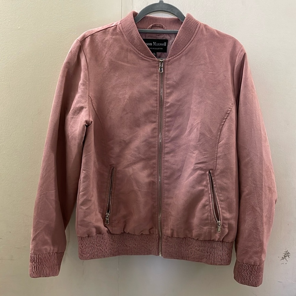Jason Maxwell women pink bomber “suede” material jacket size L. 100% polyester